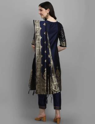 Navy-blue cotton silk jacquard designer festive wear readymade suit 3
