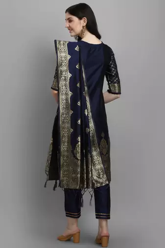Navy-blue cotton silk jacquard designer festive wear readymade suit