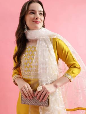 Yellow silk blend designer festive wear readymade suit 4