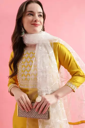 Yellow silk blend designer festive wear readymade suit