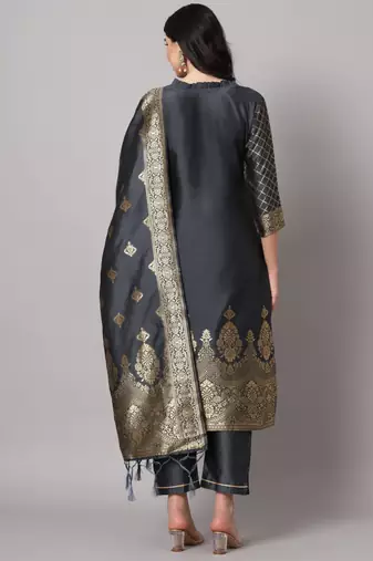 Grey cotton silk jacquard designer festive wear readymade suit