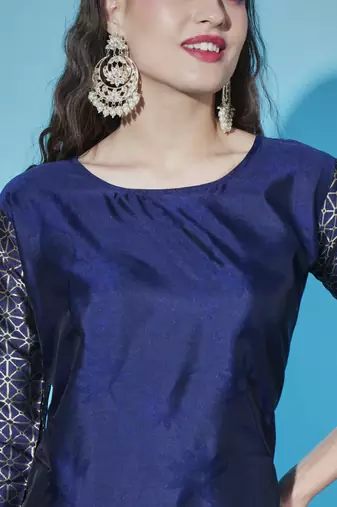 Navy blue cotton silk jacquard designer festive wear readymade suit
