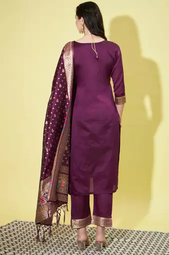 Purple cotton silk jacquard designer festive wear readymade suit