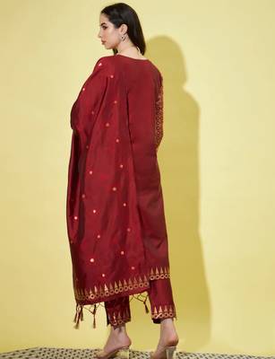 Maroon cotton silk jacquard designer festive wear readymade suit 3