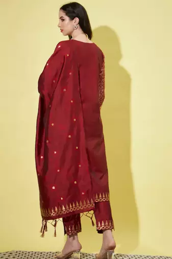 Maroon cotton silk jacquard designer festive wear readymade suit