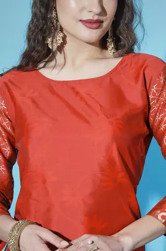 Red cotton silk jacquard designer festive wear readymade suit