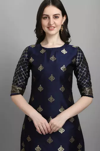 Navy-blue cotton silk jacquard designer festive wear readymade suit