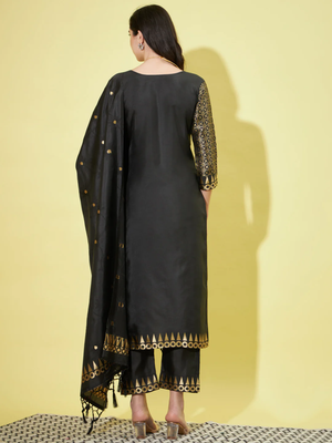 Black cotton silk jacquard designer festive wear readymade suit 3
