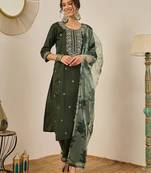Floral embroidered viscose rayon round neck kurta trouser & dupatta