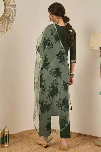 Floral embroidered viscose rayon round neck kurta trouser & dupatta