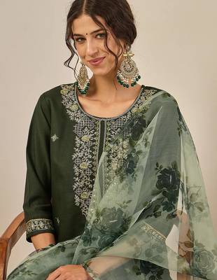 Floral embroidered viscose rayon round neck kurta trouser & dupatta 3