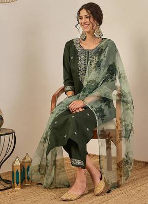 Floral embroidered viscose rayon round neck kurta trouser & dupatta 4