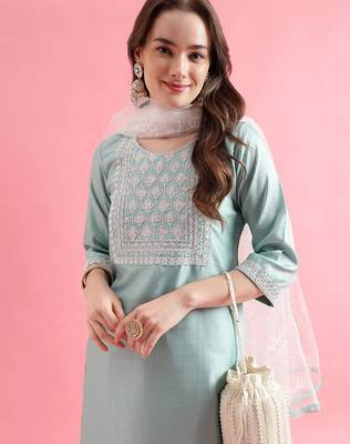 Seagreen silk blend designer festive wear readymade suit 4