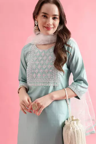 Seagreen silk blend designer festive wear readymade suit