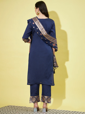 Blue cotton silk jacquard designer festive wear readymade suit 4
