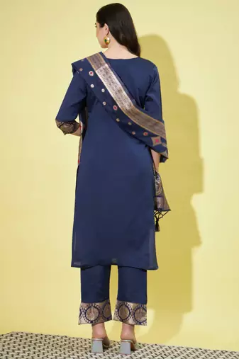 Blue cotton silk jacquard designer festive wear readymade suit