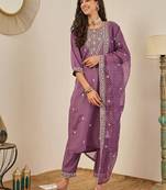 Floral embroidered silk blend round neck kurta trouser & dupatta