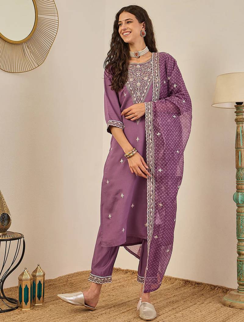 Floral embroidered silk blend round neck kurta trouser & dupatta