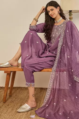Floral embroidered silk blend round neck kurta trouser & dupatta