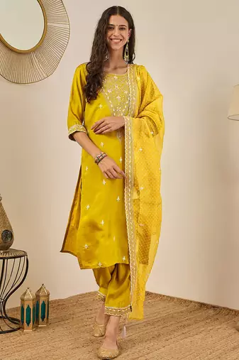 Floral embroidered silk blend round neck kurta trouser & dupatta
