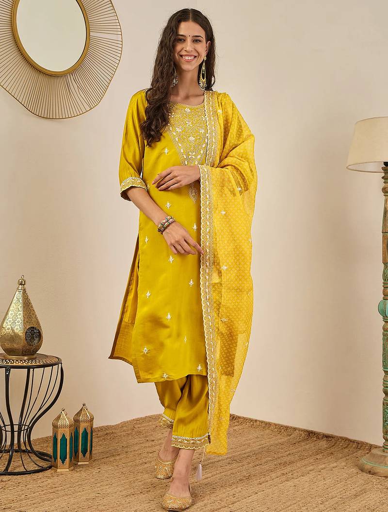 Floral embroidered silk blend round neck kurta trouser & dupatta