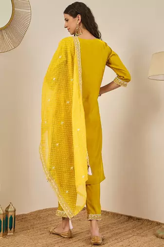 Floral embroidered silk blend round neck kurta trouser & dupatta
