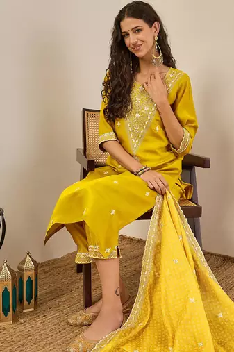 Floral embroidered silk blend round neck kurta trouser & dupatta