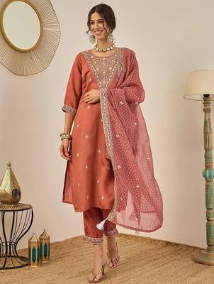 Floral embroidered silk blend round neck kurta trouser & dupatta 1