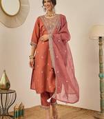Floral embroidered silk blend round neck kurta trouser & dupatta