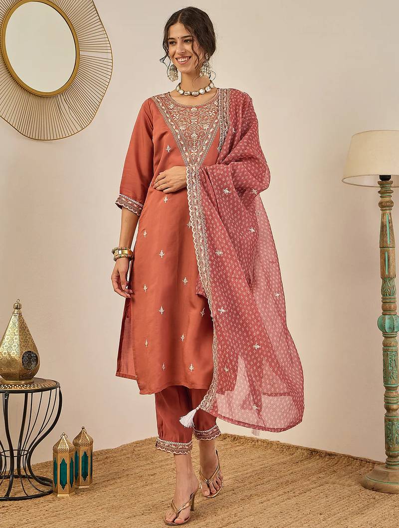 Floral embroidered silk blend round neck kurta trouser & dupatta