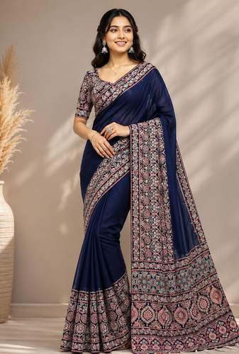 neavy blue ajarakh print with mirror and beautiful tussle crepe silk saree