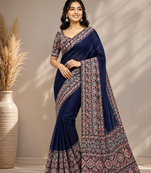 neavy blue ajarakh print with mirror and beautiful tussle crepe silk saree