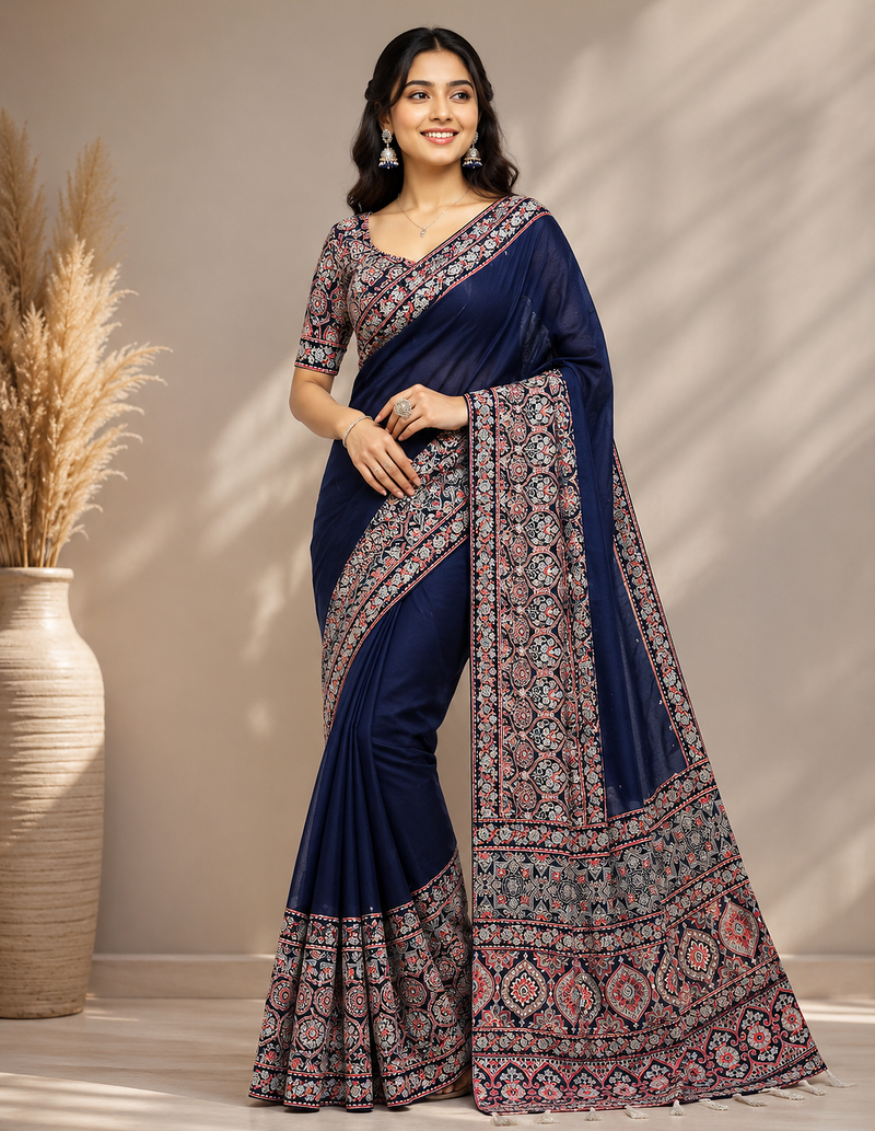 neavy blue ajarakh print with mirror and beautiful tussle crepe silk saree