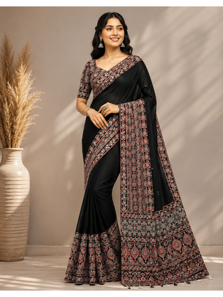 black ajarakh print with mirror and beautiful tussle crepe silk saree 1