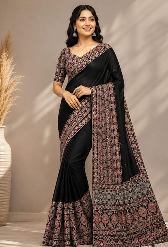 black ajarakh print with mirror and beautiful tussle crepe silk saree