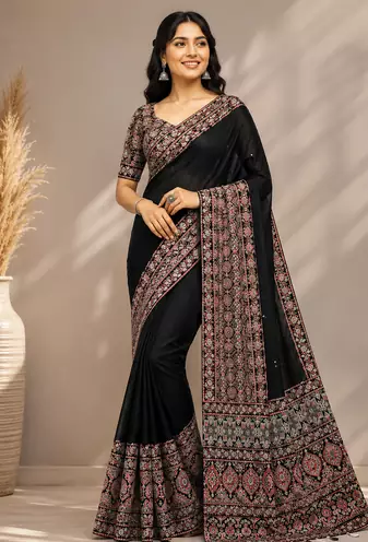 black ajarakh print with mirror and beautiful tussle crepe silk saree