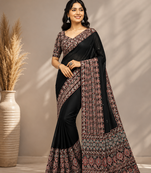 black ajarakh print with mirror and beautiful tussle crepe silk saree