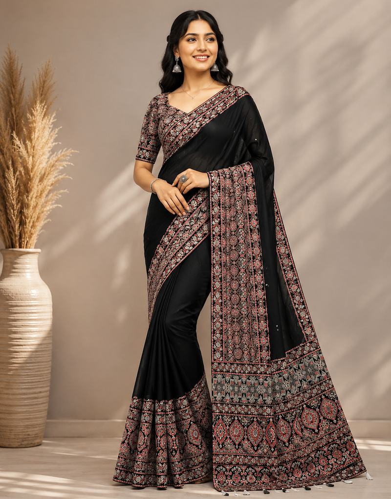 black ajarakh print with mirror and beautiful tussle crepe silk saree