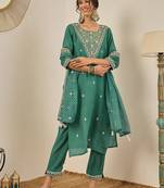 Floral embroidered silk blend round neck kurta trouser & dupatta