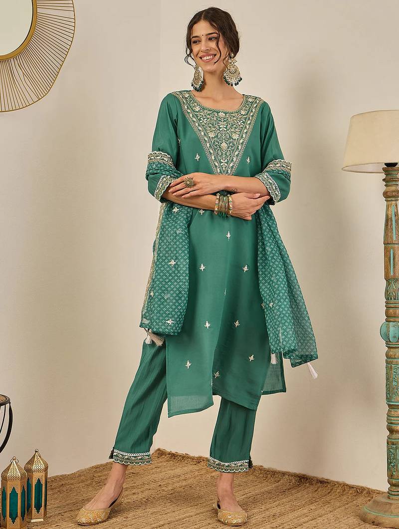 Floral embroidered silk blend round neck kurta trouser & dupatta
