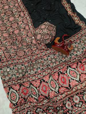 black ajarakh print with mirror and beautiful tussle crepe silk saree 2