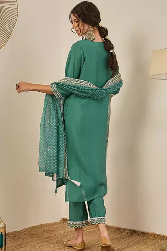Floral embroidered silk blend round neck kurta trouser & dupatta
