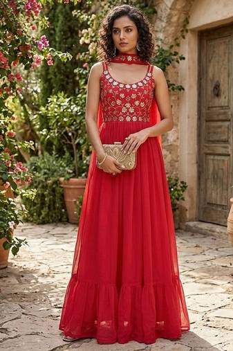 Women’s red embroidered anarkali gown with dupatta for party wear