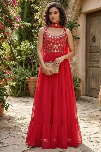 Women’s red embroidered anarkali gown with dupatta for party wear