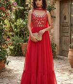 Women’s red embroidered anarkali gown with dupatta for party wear