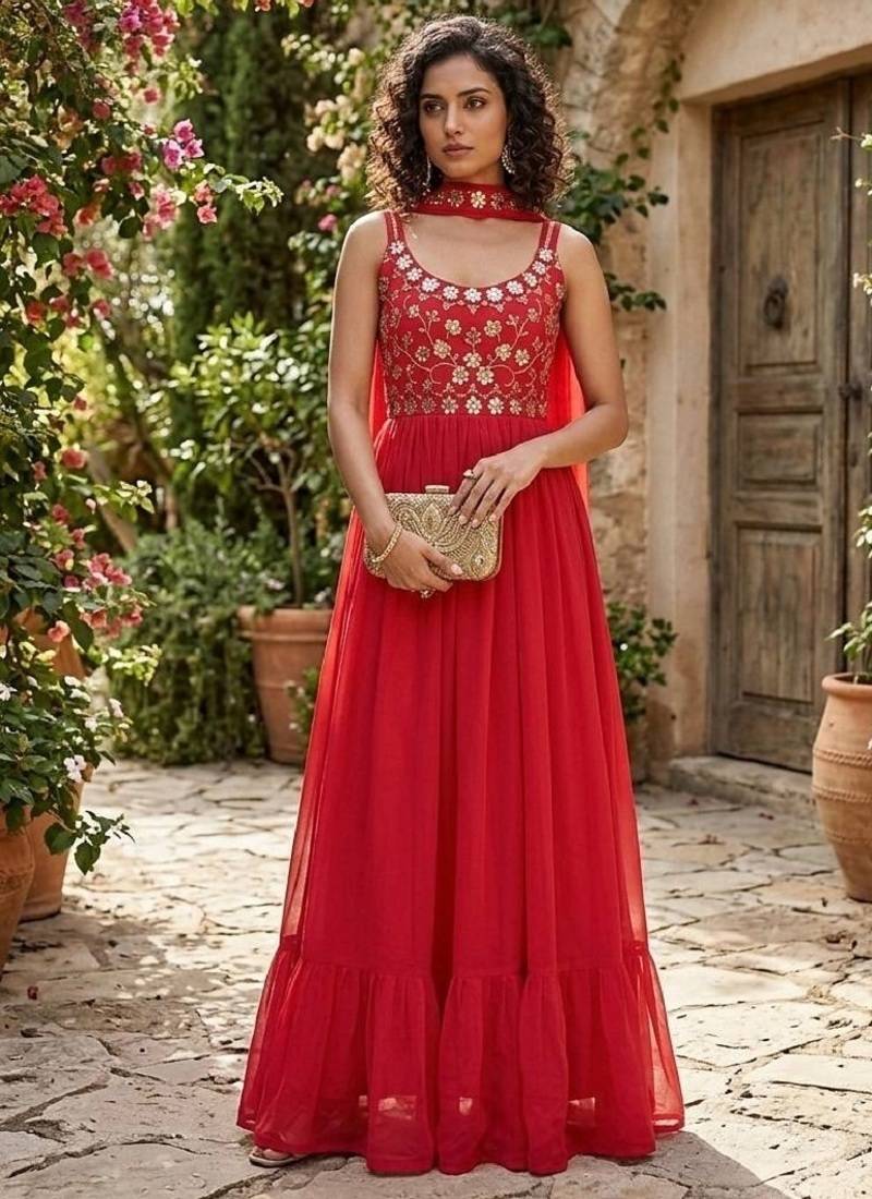 Women’s red embroidered anarkali gown with dupatta for party wear