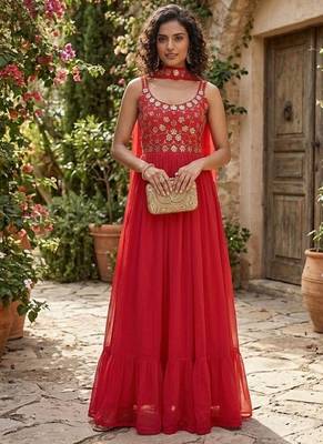 Women   s red embroidered anarkali gown with dupatta for party wear 2