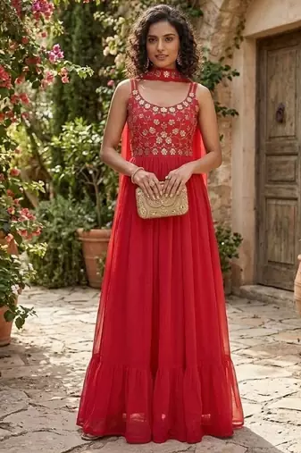 Women   s red embroidered anarkali gown with dupatta for party wear
