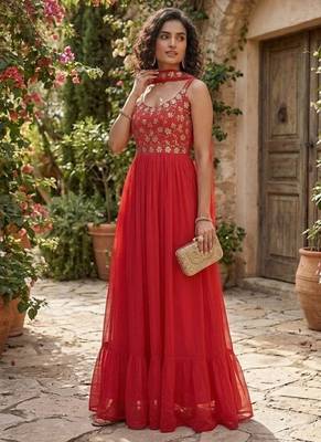 Women   s red embroidered anarkali gown with dupatta for party wear 3