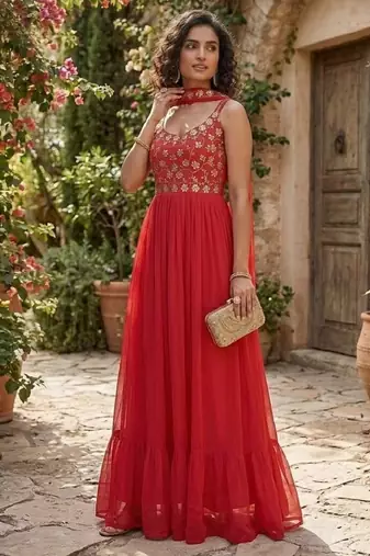 Women   s red embroidered anarkali gown with dupatta for party wear